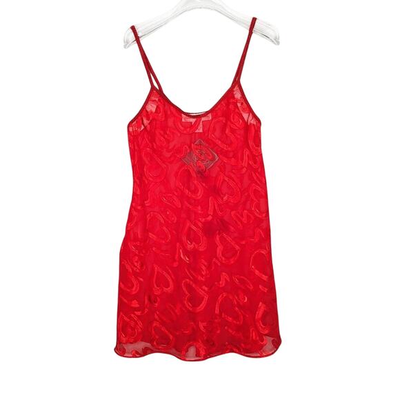 Vintage 90's Red Heart Pattern Semi Sheer Slip Dress Nightie Scoop Neck Size XL - Picture 1 of 7
